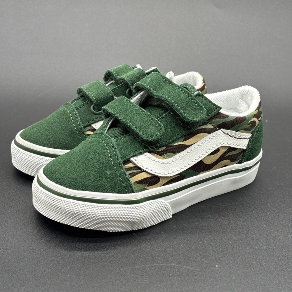 Vans Old Skool V Toddler Shoes Size 7 Green Flame Camo Strap Sneakers